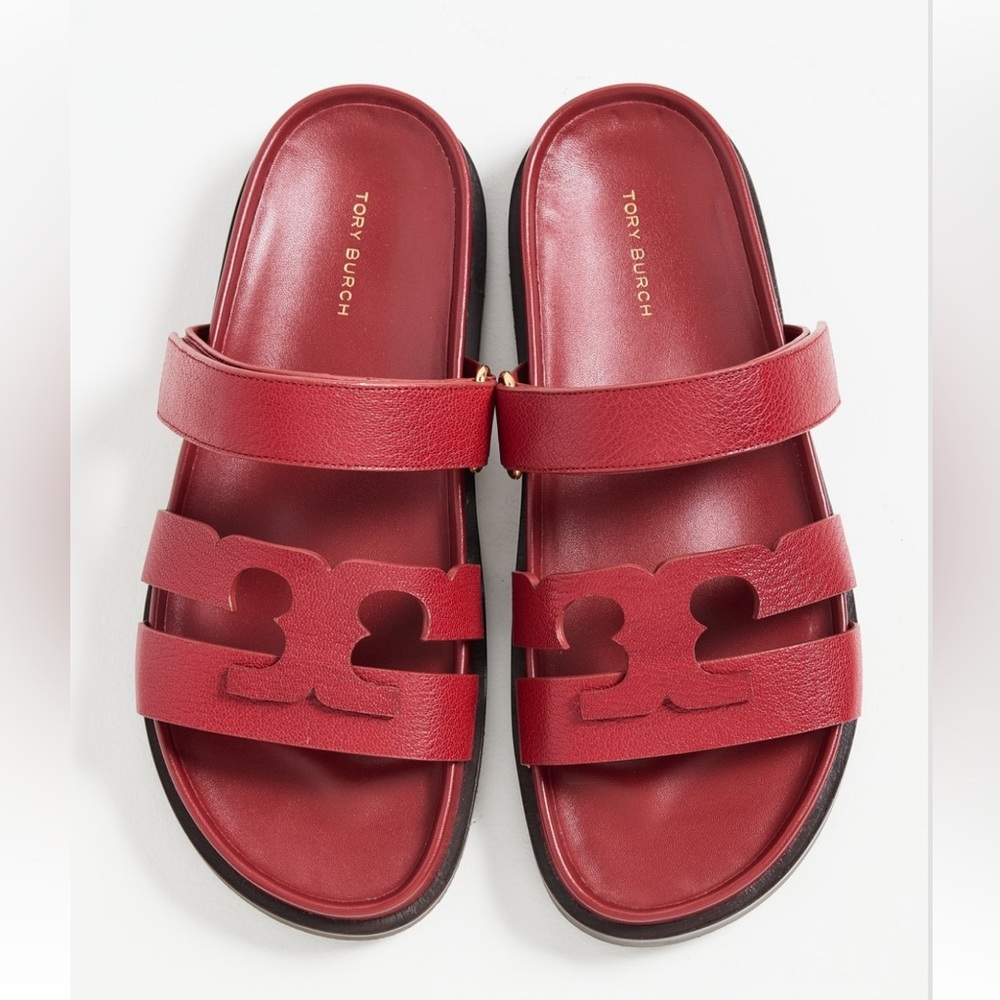 Tory Burch InesRed Leather Double-Strap Logo Slide Sandals - Picture 2 of 16